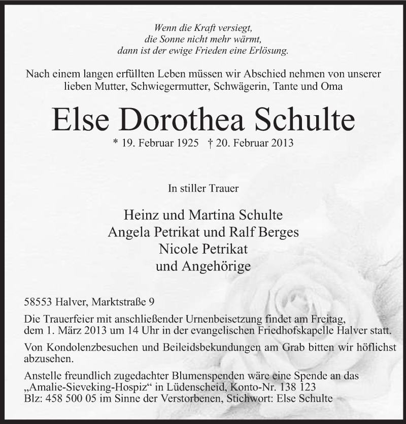  Traueranzeige für Else Dorothea Schulte vom 25.02.2013 aus MZV