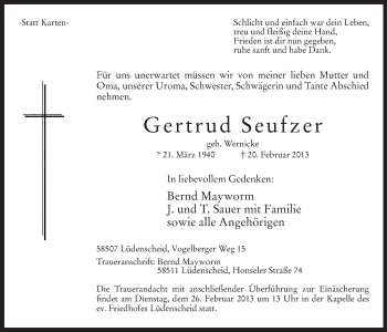 Traueranzeige von Gertrud Seufzer von MZV