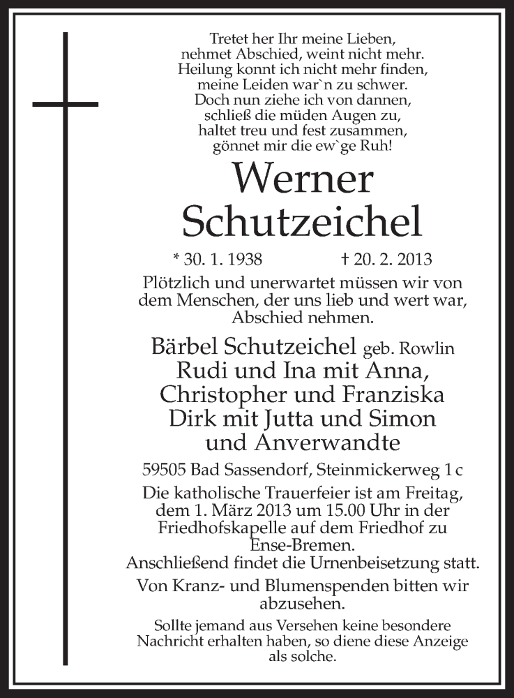  Traueranzeige für Werner Schutzeichel vom 23.02.2013 aus MZV
