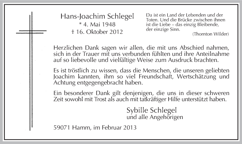  Traueranzeige für Hans-Joachim Schlegel vom 23.02.2013 aus MZV