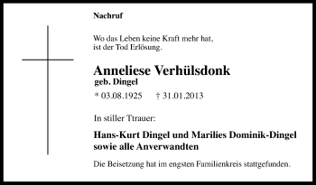 Traueranzeige von Anneliese Verhülsdonk von MZV