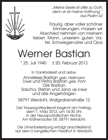 Traueranzeige von Werner Bastian von MZV