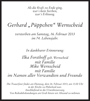 Traueranzeige von Gerhard Wernscheid von MZV