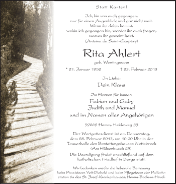 Traueranzeige von Rita Ahlert von Westfälischer Anzeiger