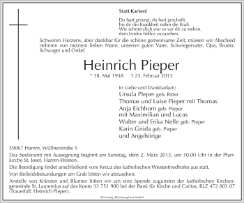 Traueranzeige von Heinrich Pieper von MZV