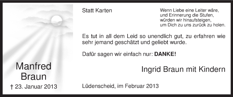 Traueranzeige für Manfred Braun vom 27.02.2013 aus MZV