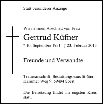 Traueranzeige von Gertrud Küfner von MZV