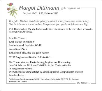 Traueranzeige von Margot Dittmann von MZV