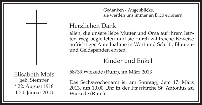  Traueranzeige für Elisabeth Mols vom 09.03.2013 aus MZV