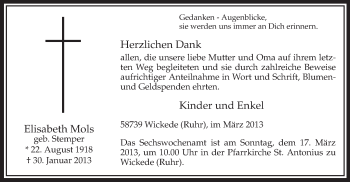 Traueranzeige von Elisabeth Mols von MZV