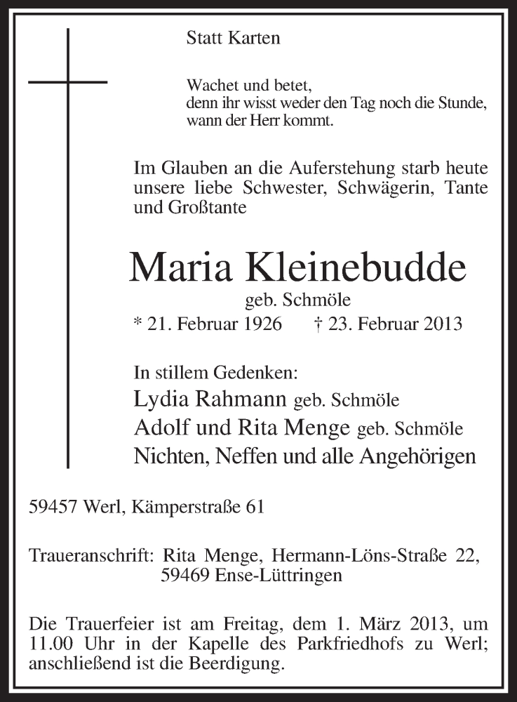  Traueranzeige für Maria Kleinebudde vom 26.02.2013 aus MZV