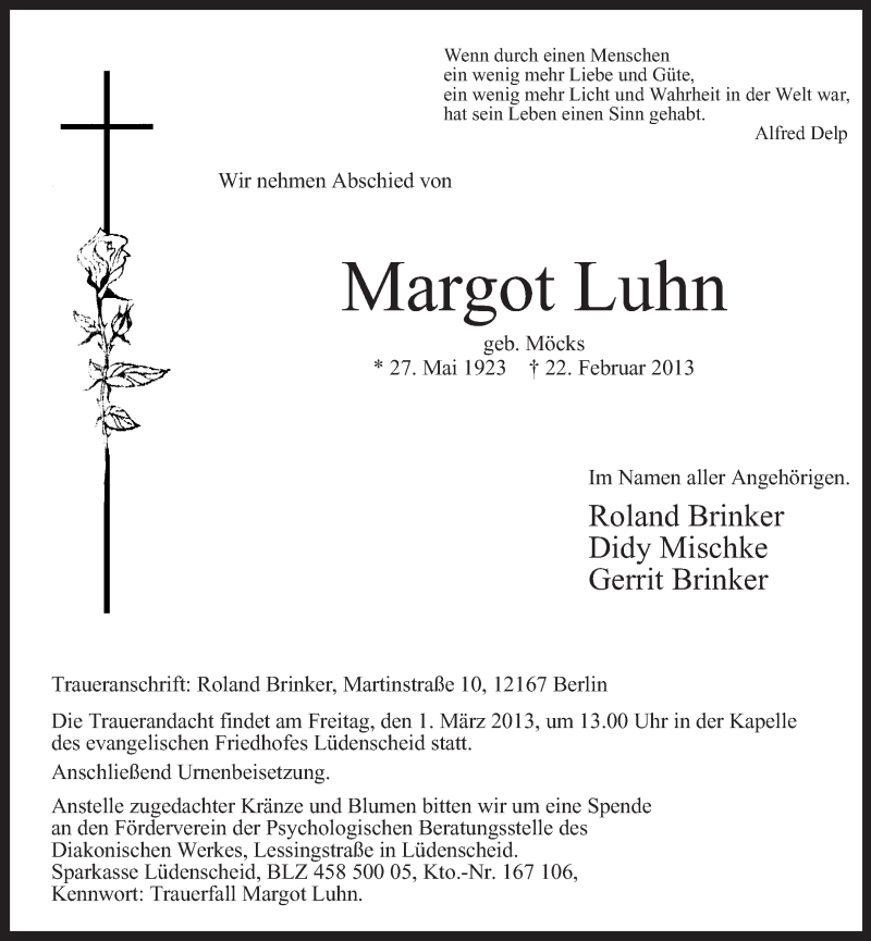  Traueranzeige für Margot Luhn vom 27.02.2013 aus MZV