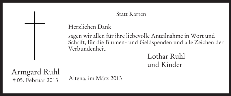  Traueranzeige für Armgard Ruhl vom 09.03.2013 aus MZV