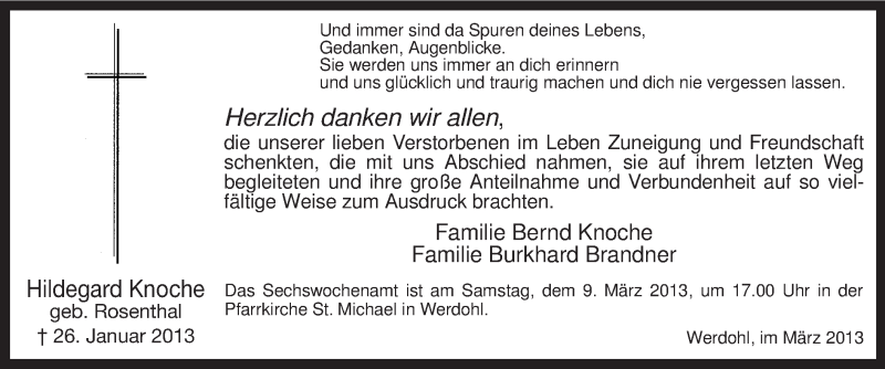  Traueranzeige für Hildegard Knoche vom 02.03.2013 aus MZV