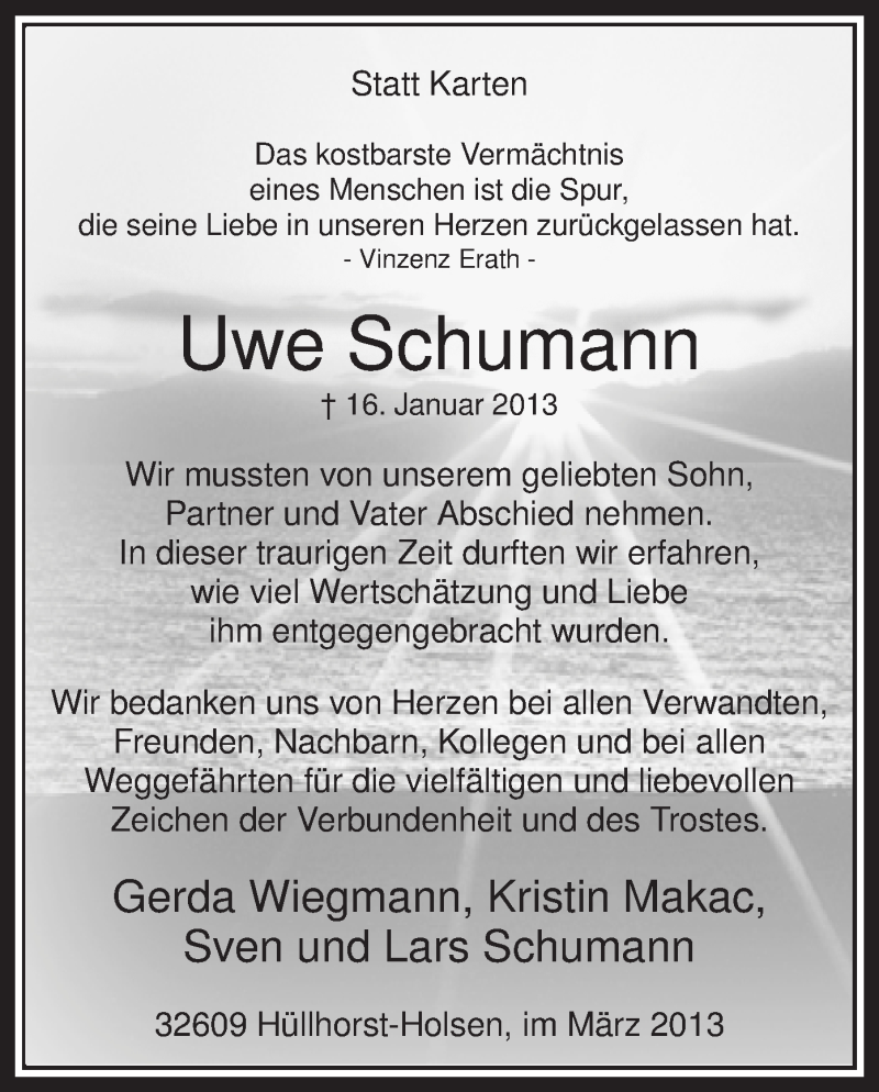  Traueranzeige für Uwe Schumann vom 02.03.2013 aus MZV