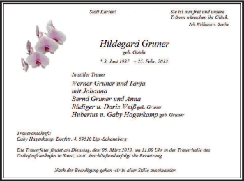 Traueranzeige von Hildegard Gruner von MZV