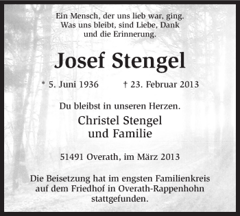 Traueranzeige von Josef Stengel von MZV