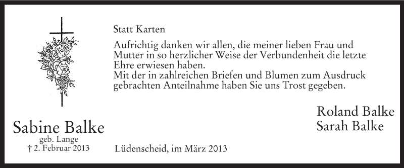  Traueranzeige für Sabine Balke vom 02.03.2013 aus MZV