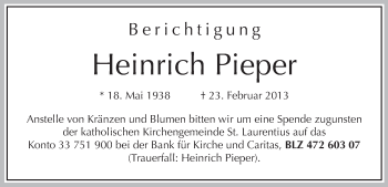 Traueranzeige von Heinrich Pieper von MZV