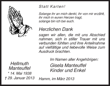 Traueranzeige von Hellmuth Manteuffel von MZV