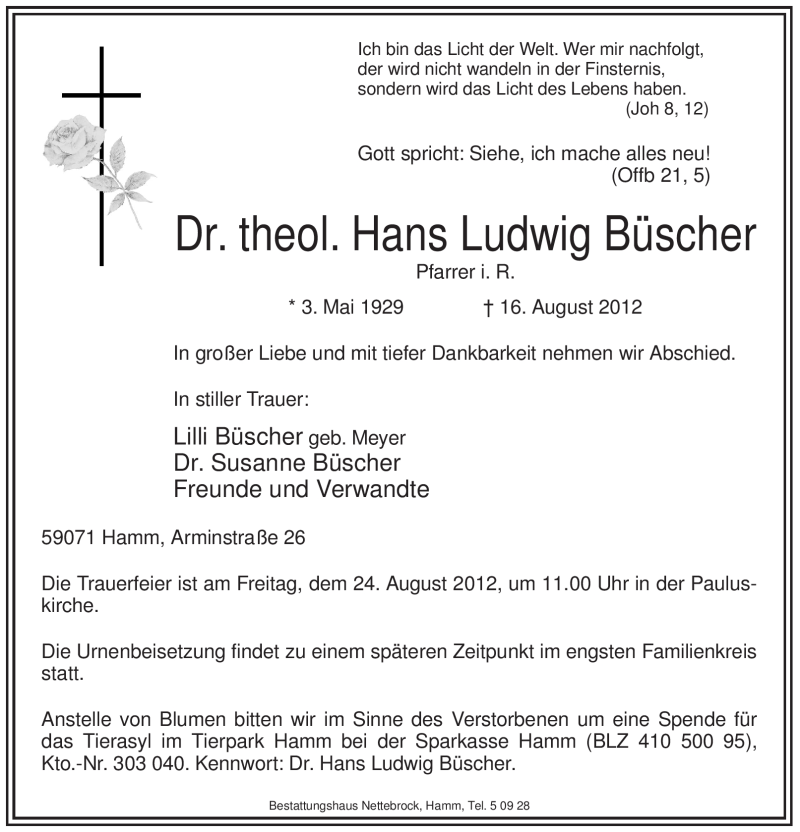  Traueranzeige für Hans Ludwig Büscher vom 18.08.2012 aus WESTFÄLISCHER ANZEIGER