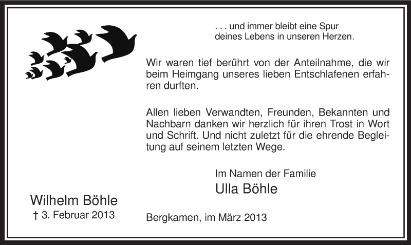  Traueranzeige für Wilhelm Böhle vom 02.03.2013 aus MZV