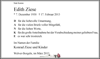 Traueranzeige von Edith Ziese von MZV