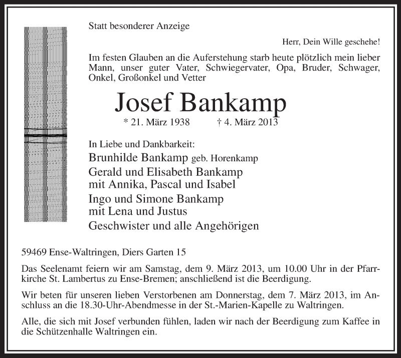  Traueranzeige für Josef Bankamp vom 06.03.2013 aus MZV