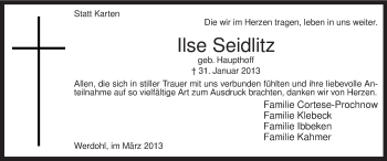 Traueranzeige von Ilse Seidlitz von MZV