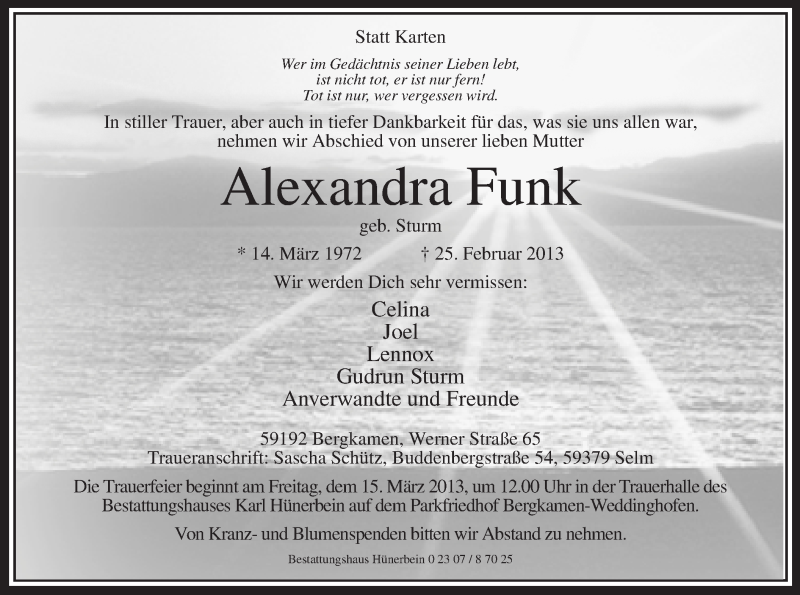  Traueranzeige für Alexandra Funk vom 07.03.2013 aus MZV