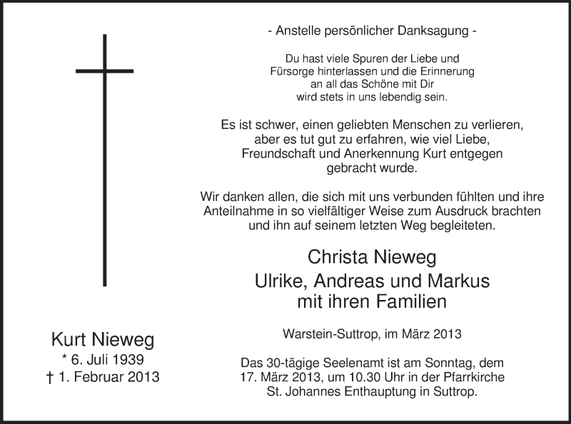  Traueranzeige für Kurt Nieweg vom 08.03.2013 aus MZV