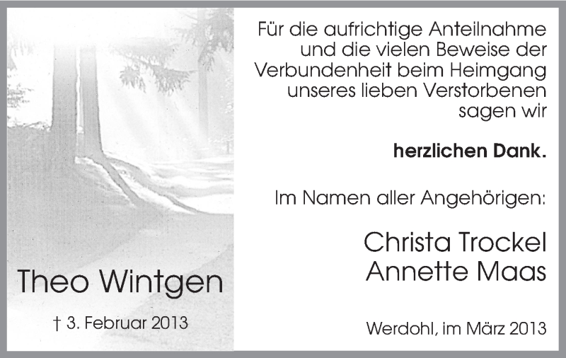  Traueranzeige für Theo Wintgen vom 09.03.2013 aus MZV