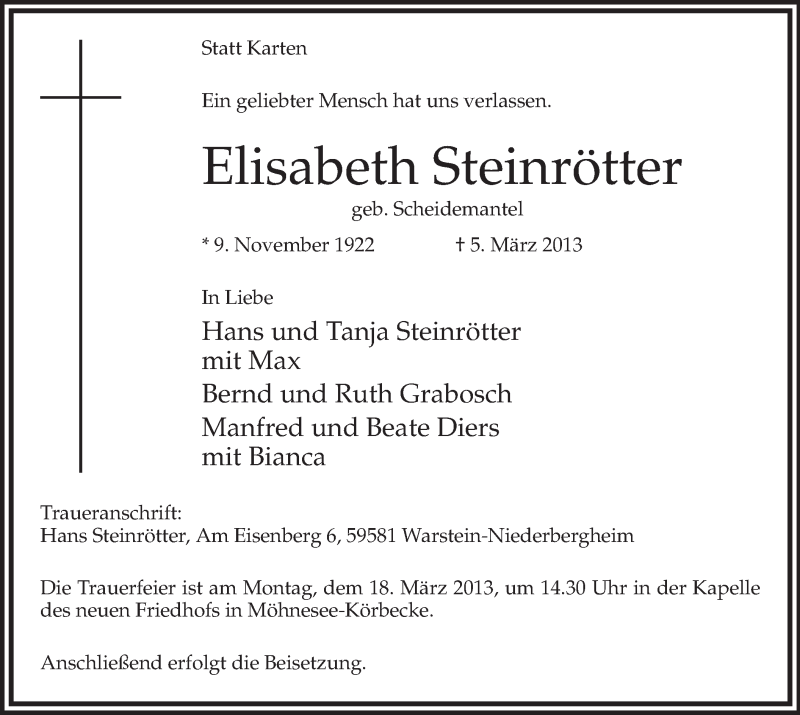  Traueranzeige für Elisabeth Steinrötter vom 13.03.2013 aus MZV