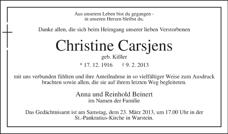  Traueranzeige für Christine Carsjens vom 16.03.2013 aus MZV