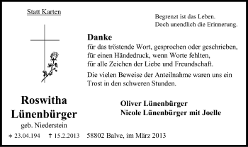 Traueranzeige von Roswitha Lünenbürger von MZV