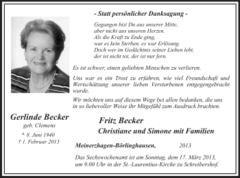Traueranzeige von Gerlinde Becker von MZV