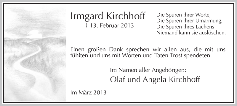  Traueranzeige für Irmgard Kirchhoff vom 09.03.2013 aus MZV
