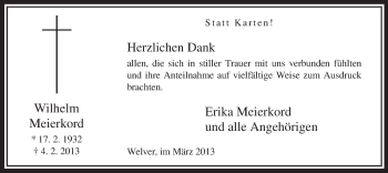 Traueranzeige von Wilhelm Meierkord von MZV