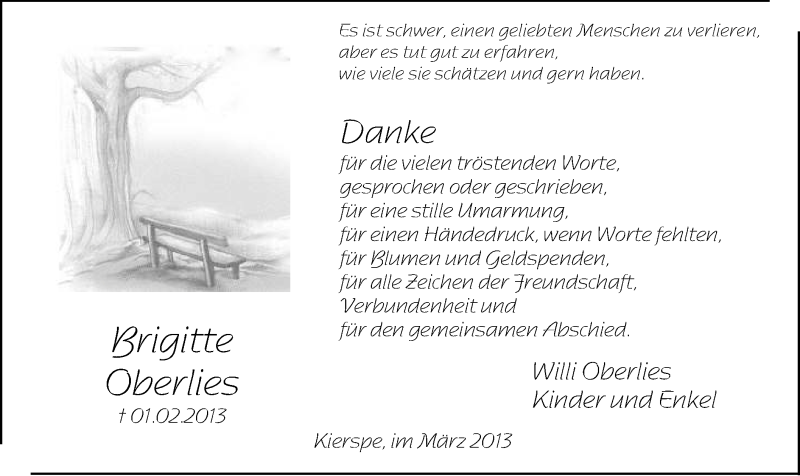  Traueranzeige für Brigitte Oberlies vom 09.03.2013 aus MZV