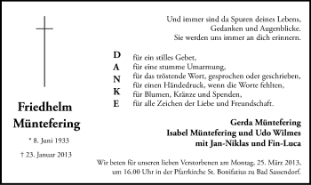Traueranzeige von Friedhelm Müntefering von MZV
