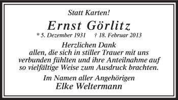 Traueranzeige von Ernst Görlitz von MZV