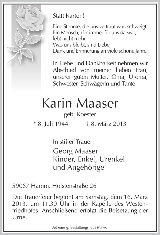  Traueranzeige für Karin Maaser vom 12.03.2013 aus MZV