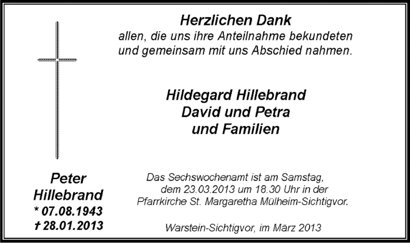  Traueranzeige für Peter Hillebrand vom 16.03.2013 aus MZV