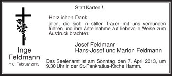 Traueranzeige von Inge Feldmann von MZV