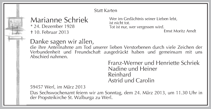  Traueranzeige für Marianne Schriek vom 18.03.2013 aus MZV
