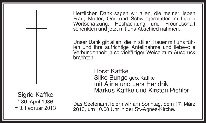  Traueranzeige für Sigrid Kaffke vom 12.03.2013 aus MZV