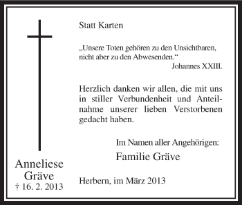 Traueranzeige von Anneliese Gräve von MZV