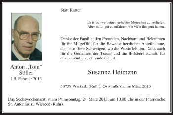 Traueranzeige von Anton Söller von MZV