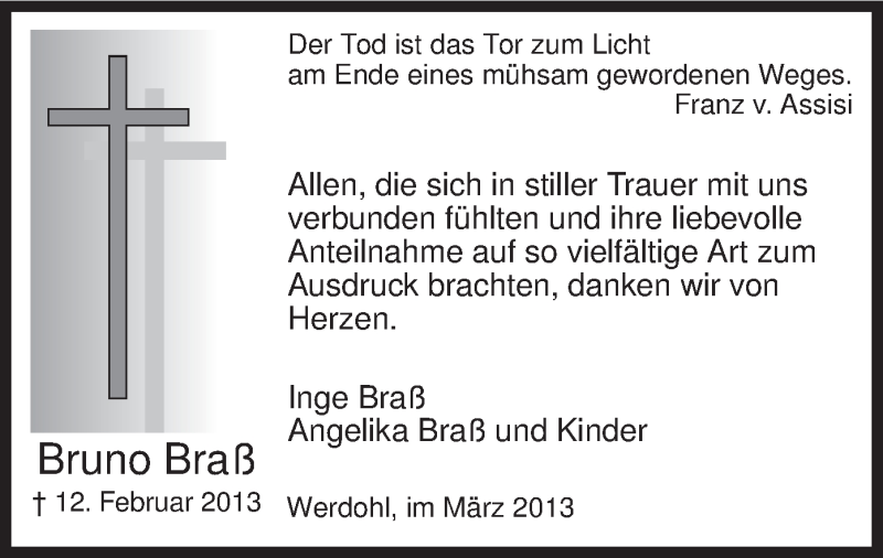  Traueranzeige für Bruno Braß vom 16.03.2013 aus MZV