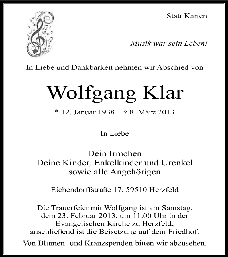  Traueranzeige für Wolfgang Klar vom 19.03.2013 aus MZV